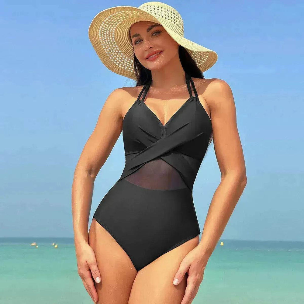 Halter neck One piece Swimsuit Summer Bikini Beach Solid Color Cross-strap Design Mesh - EX-STOCK Canada