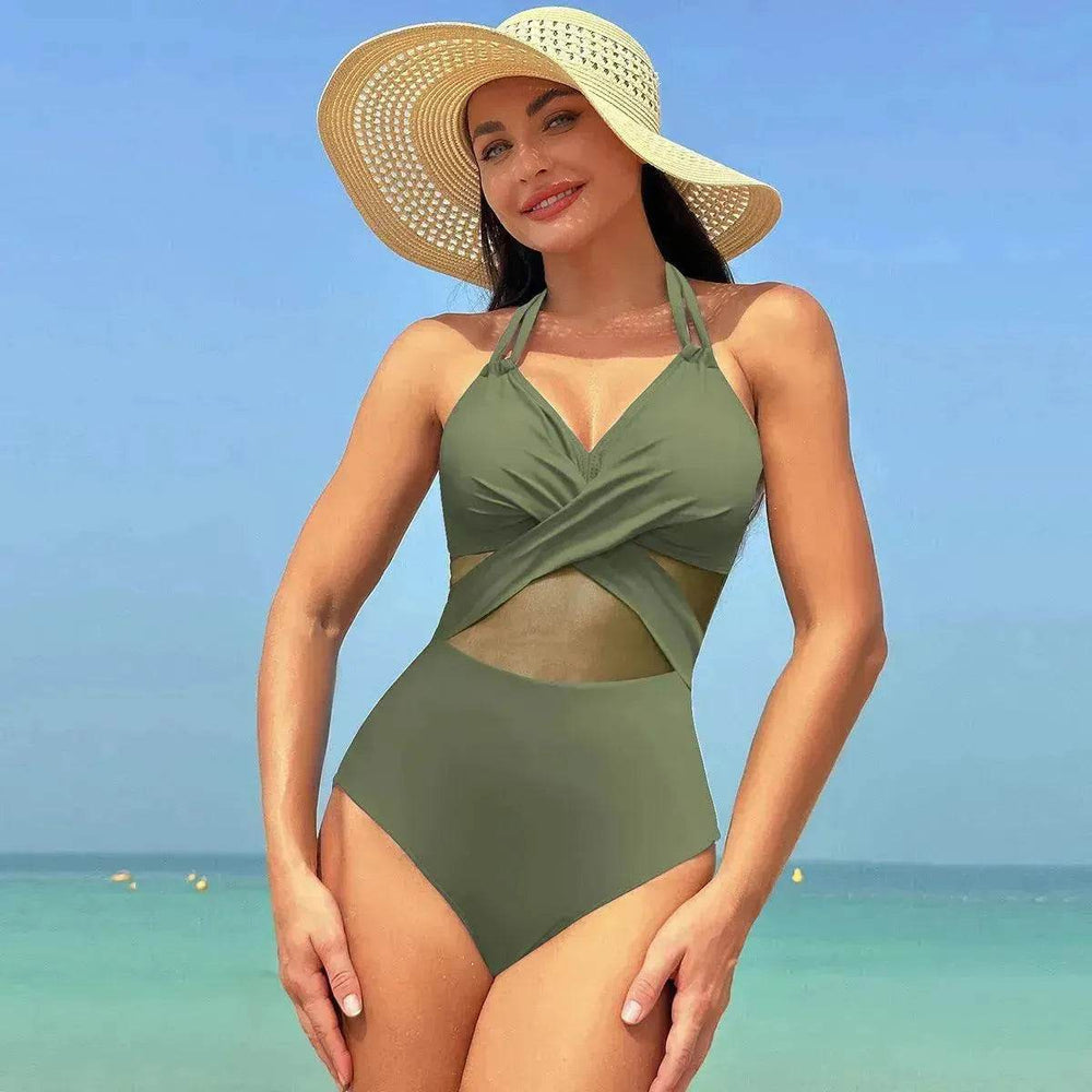 Halter neck One piece Swimsuit Summer Bikini Beach Solid Color Cross-strap Design Mesh - EX-STOCK Canada