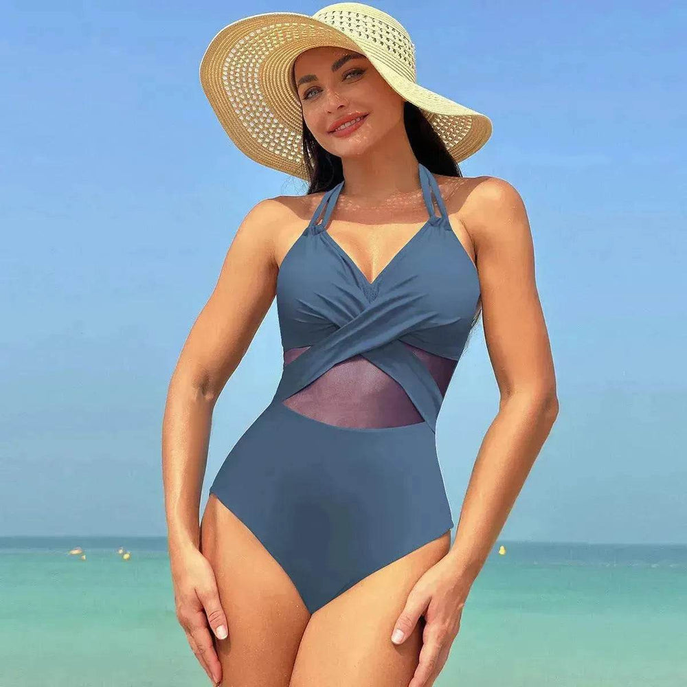 Halter neck One piece Swimsuit Summer Bikini Beach Solid Color Cross-strap Design Mesh - EX-STOCK Canada