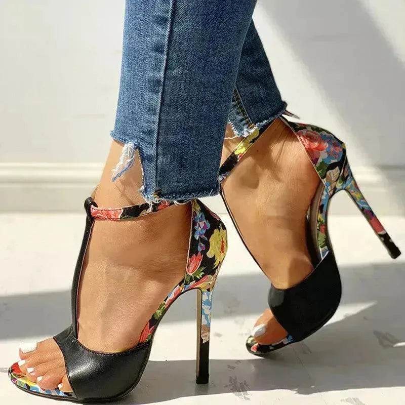 High heel buckle chunky heel floral sandals - EX-STOCK Canada