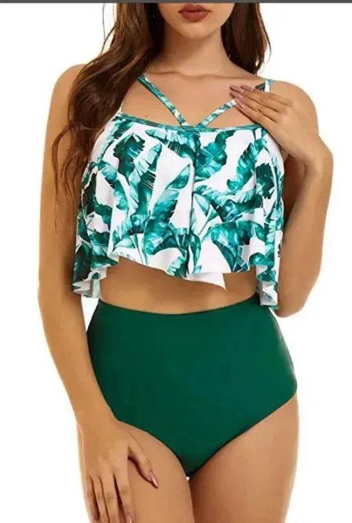 High Waist Split Swimsuit with Double Layer Lotus Leaf Design - EX-STOCK Canada