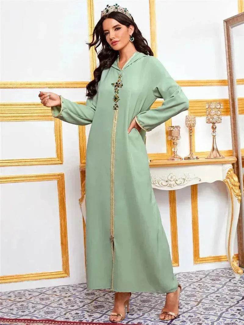 Hooded Avocado Green Dress Turkey Moroccan Seam Drill Robe Travel Dress - EX-STOCK Canada
