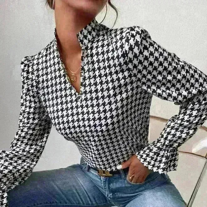 Houndstooth V-neck Long Sleeve Top Women - EX-STOCK CANADA