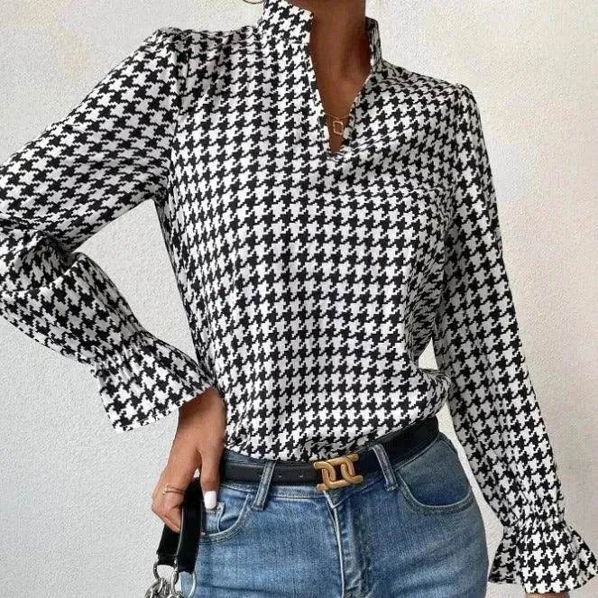 Houndstooth V-neck Long Sleeve Top Women - EX-STOCK Canada