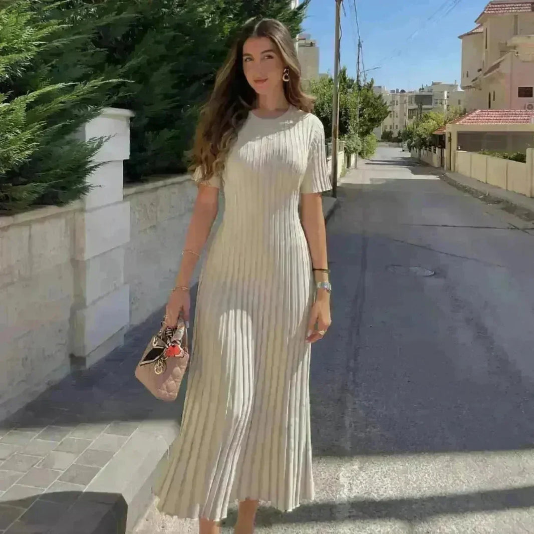 Knit Casual Tight Waist Round Neck Big Pit Stripe Slimming Knitted Long Dress - EX-STOCK CANADA