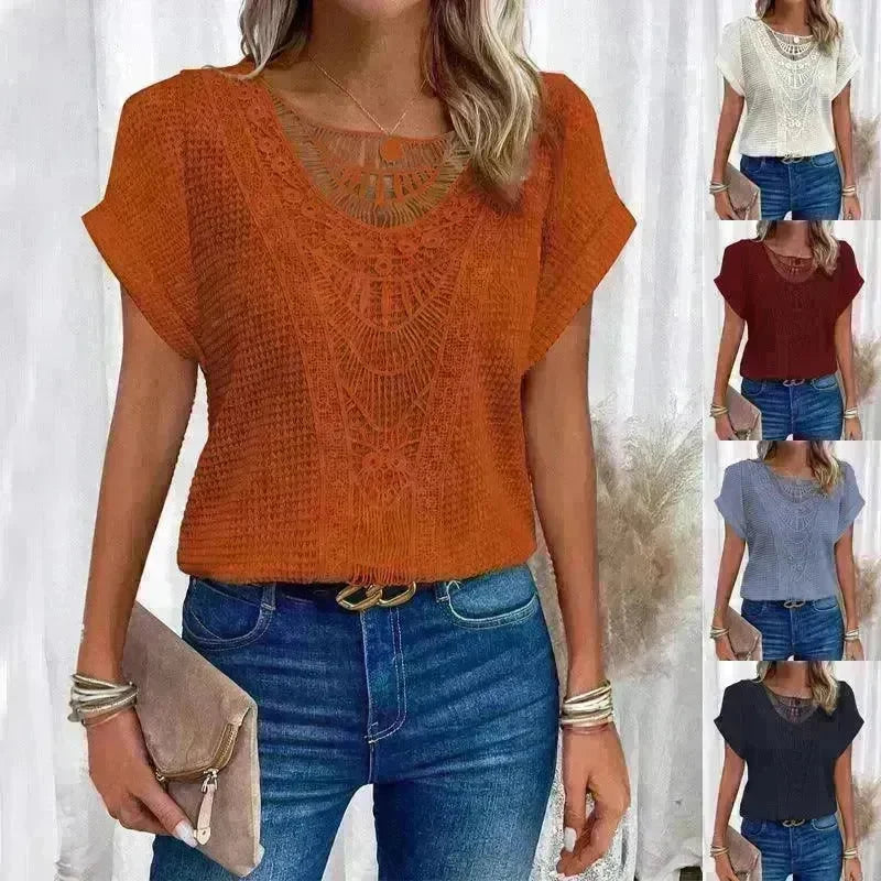 Lace Patchwork Short-sleeved T-shirt Women's Clothing - EX-STOCK CANADA
