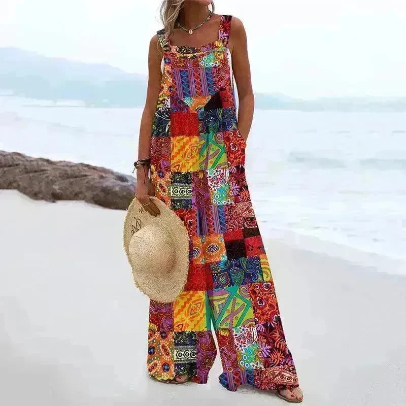 Ladies' National Style Cotton And Linen Button Suspender Jumpsuit - EX-STOCK CANADA