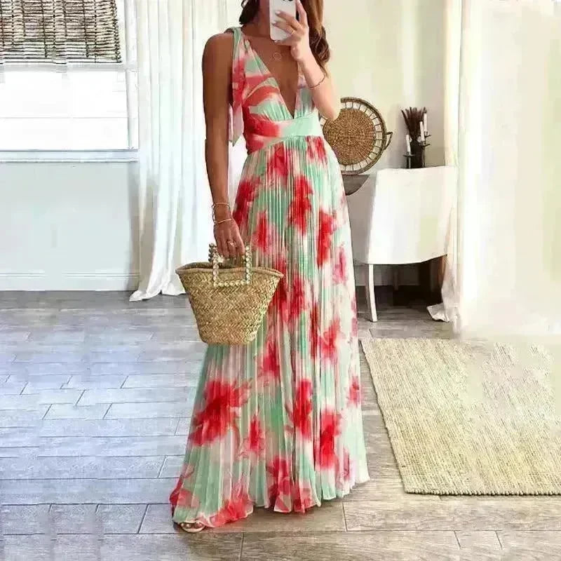 Lady Sexy Backless Print Pleated Dress - EX-STOCK CANADA