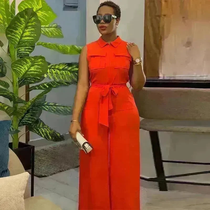 Lapel Pocket Waist Trimming Loose Wide Leg Sleeveless Jumpsuit - EX-STOCK CANADA