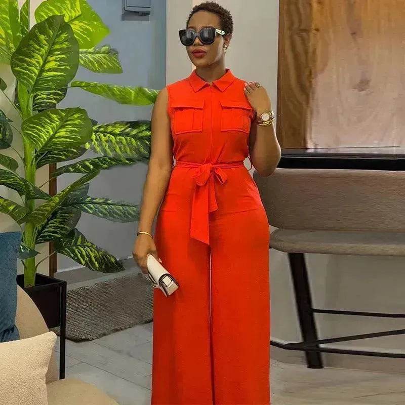 Lapel Pocket Waist Trimming Loose Wide Leg Sleeveless Jumpsuit - EX-STOCK Canada