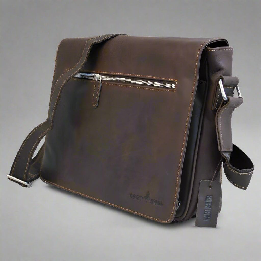 Sac pour ordinateur portable en cuir Greenwood. Sac messager en cuir ciré de qualité supérieure