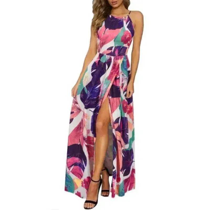 Beach Dress - Leisure Beach Sleeveless Halter Strap Printing Dress - EX-STOCK Canada
