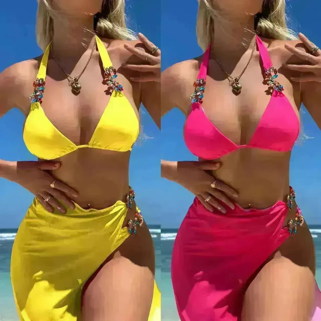 Light Diamond Solid Color Long Skirt Mesh Three Piece Swimsuit Bikini - EX-STOCK CANADA