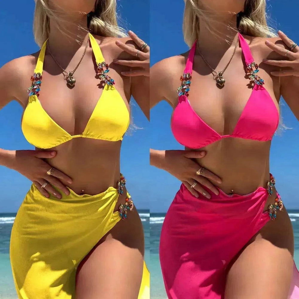 Light Diamond Solid Color Long Skirt Mesh Three Piece Swimsuit Bikini - EX-STOCK Canada