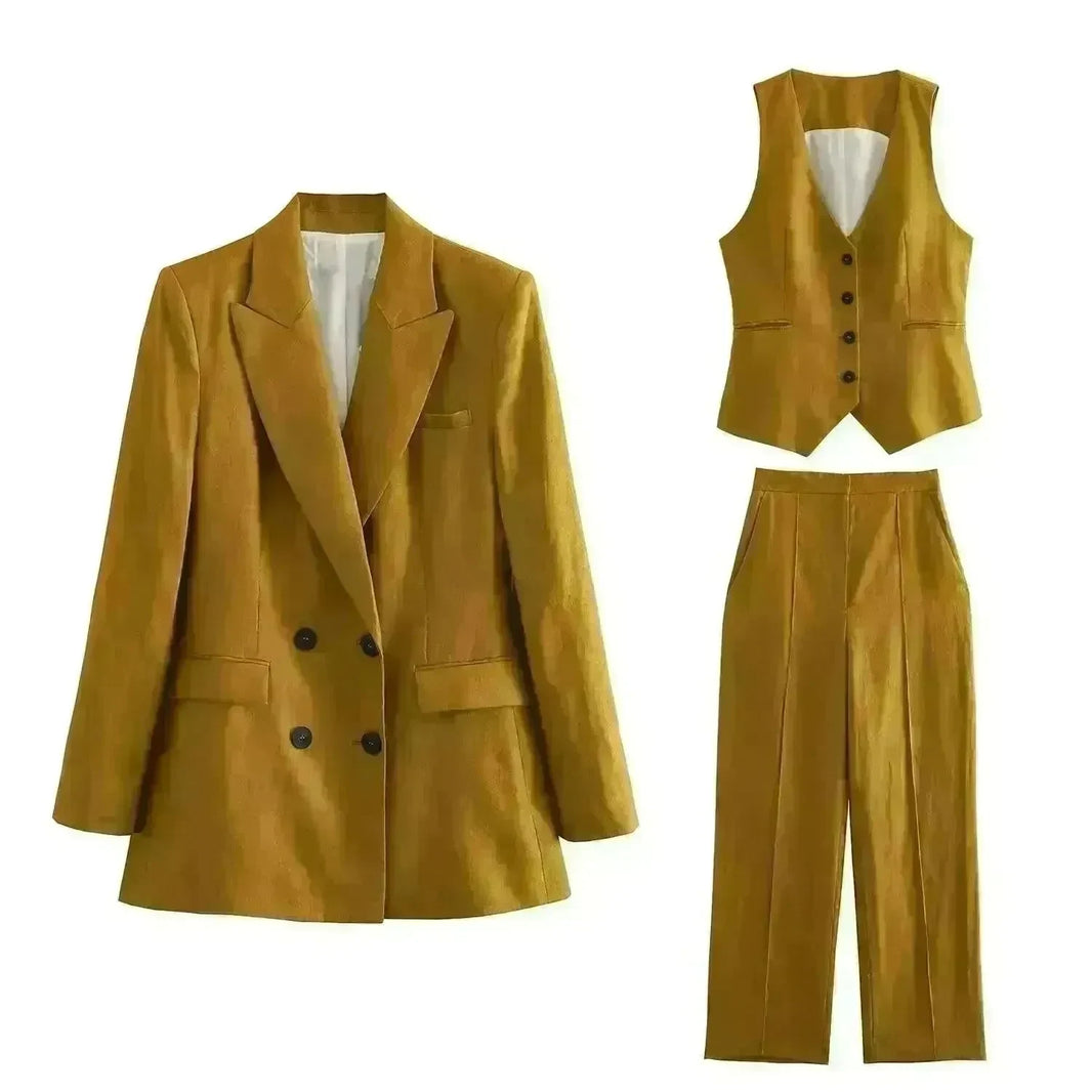 Linen Double Breasted Coat Vest Lines Straight-leg Pants Female Suit - EX-STOCK CANADA