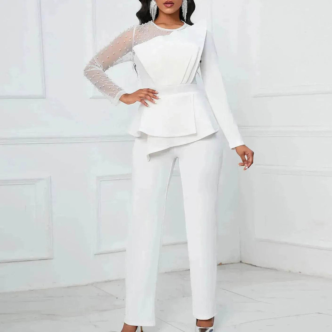 Long Sleeve Mesh Splicing Beads Banquet Plus Size Jumpsuit - EX-STOCK Canada