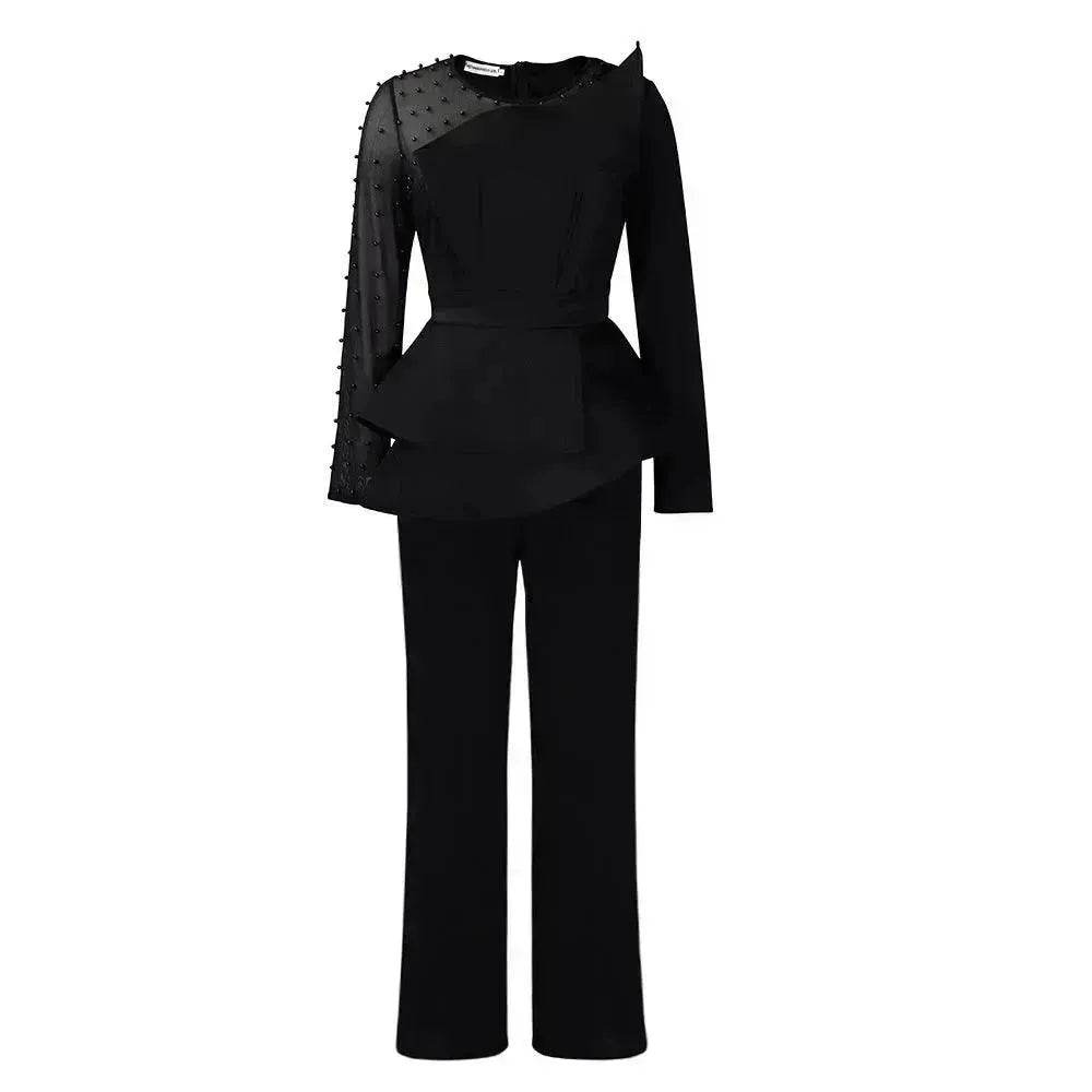 Long Sleeve Mesh Splicing Beads Banquet Plus Size Jumpsuit - EX-STOCK Canada