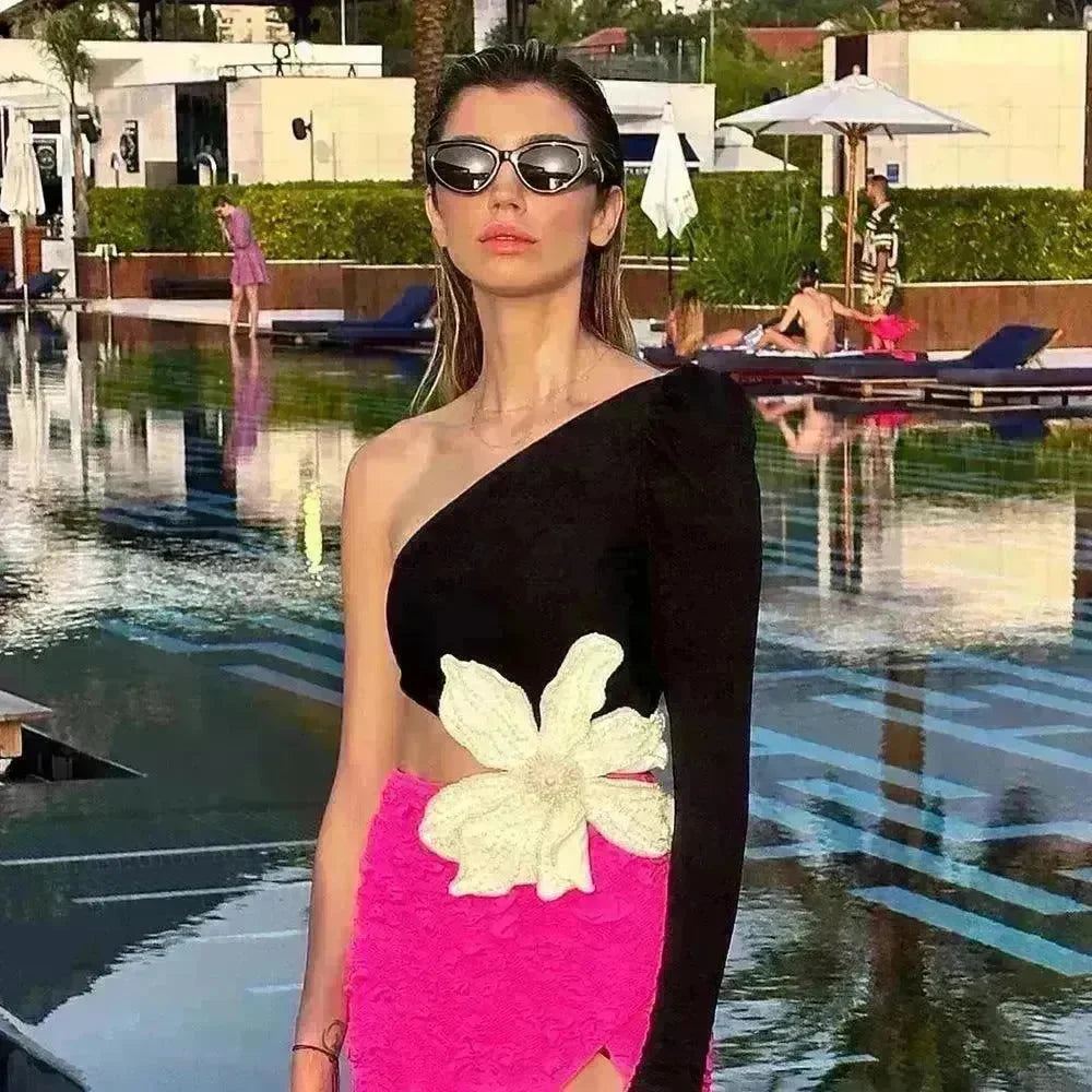 Long Sleeve Rose Red Color Matching Beaded Flower One-shoulder Dress - EX-STOCK CANADA
