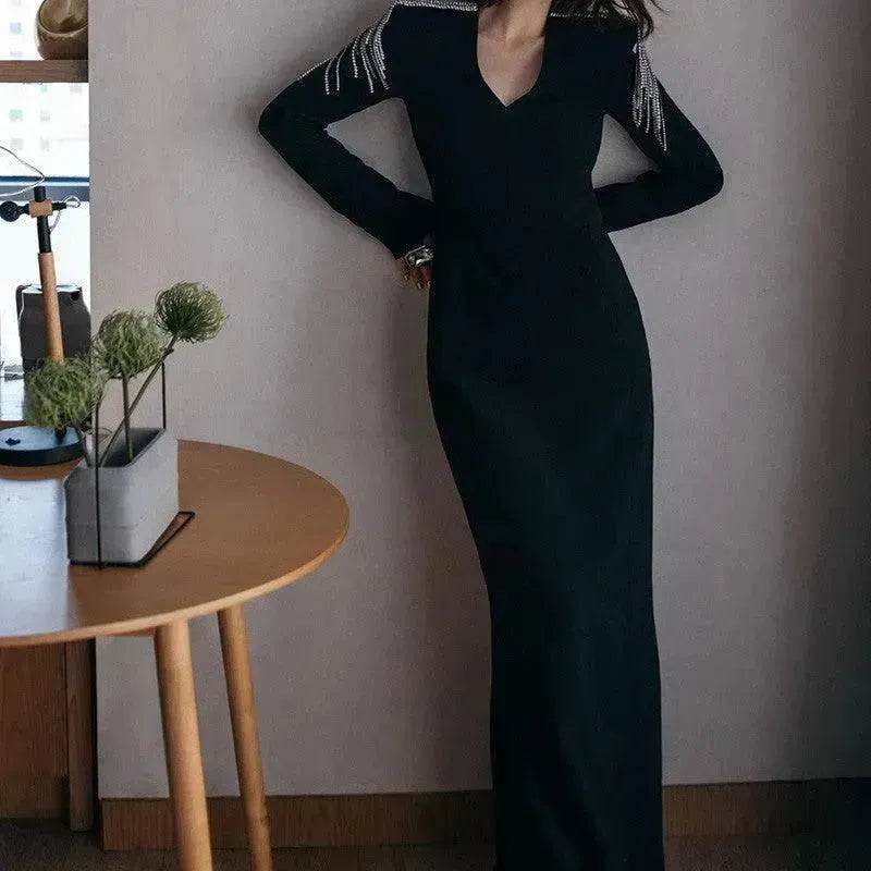 Long Sleeve Slimming Black Evening Dress - EX-STOCK Canada