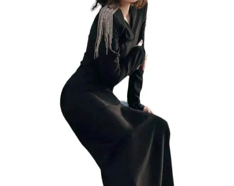 Long Sleeve Slimming Black Evening Dress - EX-STOCK Canada