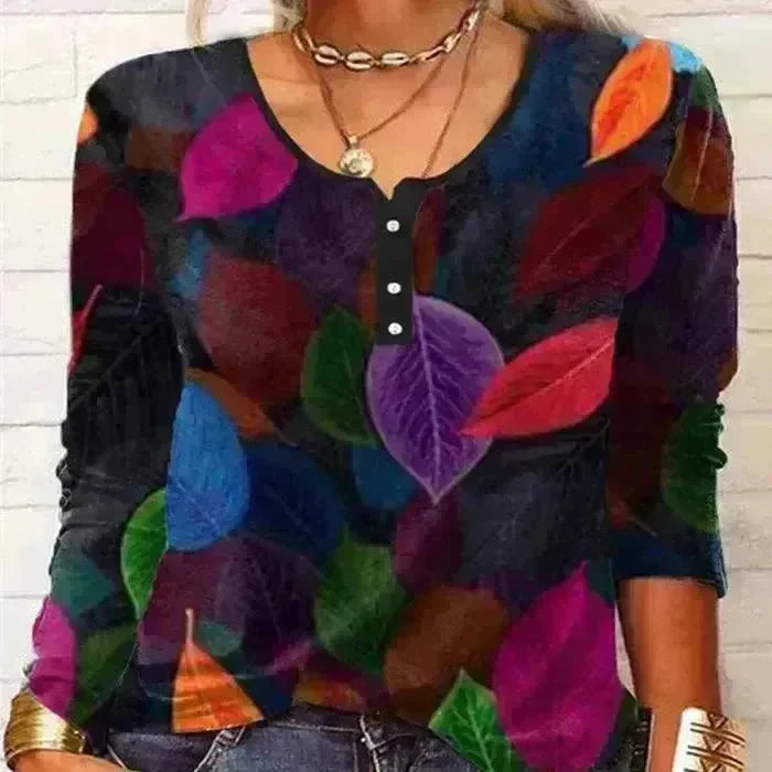 Loose Fashion Vintage Flower Print Long Sleeve Round Neck Top - EX-STOCK CANADA