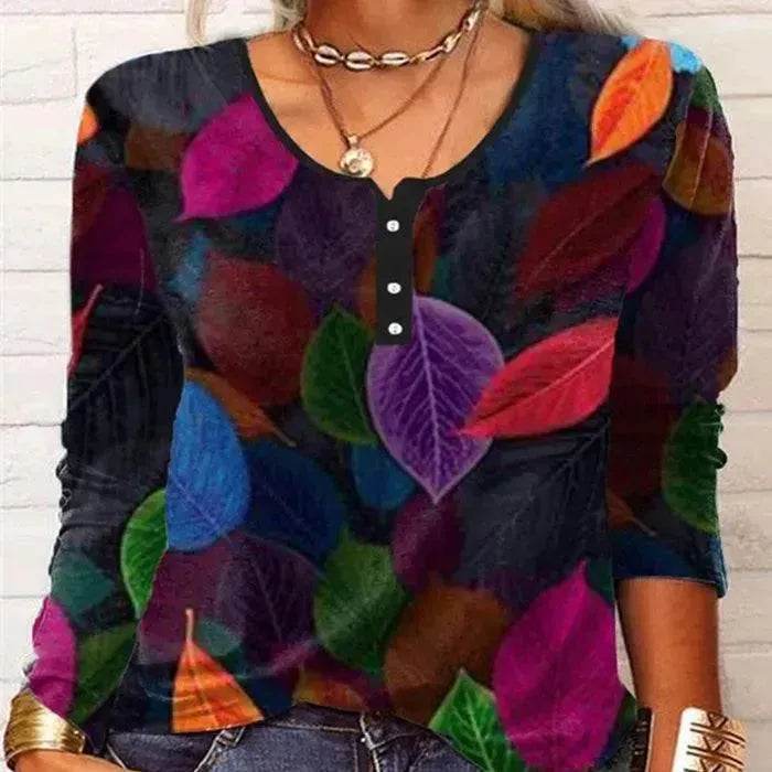 Loose Fashion Vintage Flower Print Long Sleeve Round Neck Top - EX-STOCK Canada