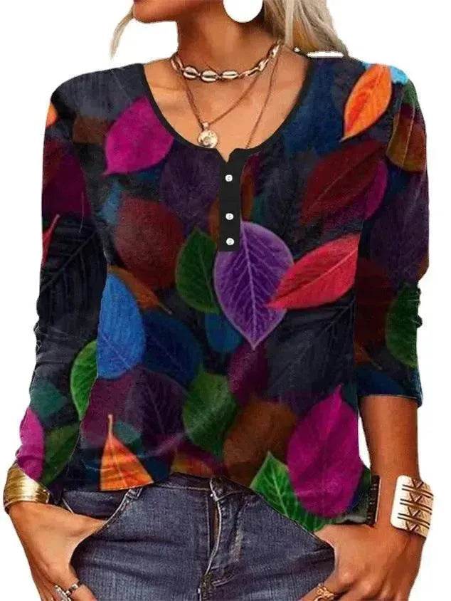 Loose Fashion Vintage Flower Print Long Sleeve Round Neck Top - EX-STOCK Canada