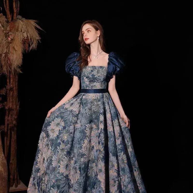 Luxurious Princess Court Oil Painting Style Tube Top Blue Evening Dress Bowl Gown - EX-STOCK Canada