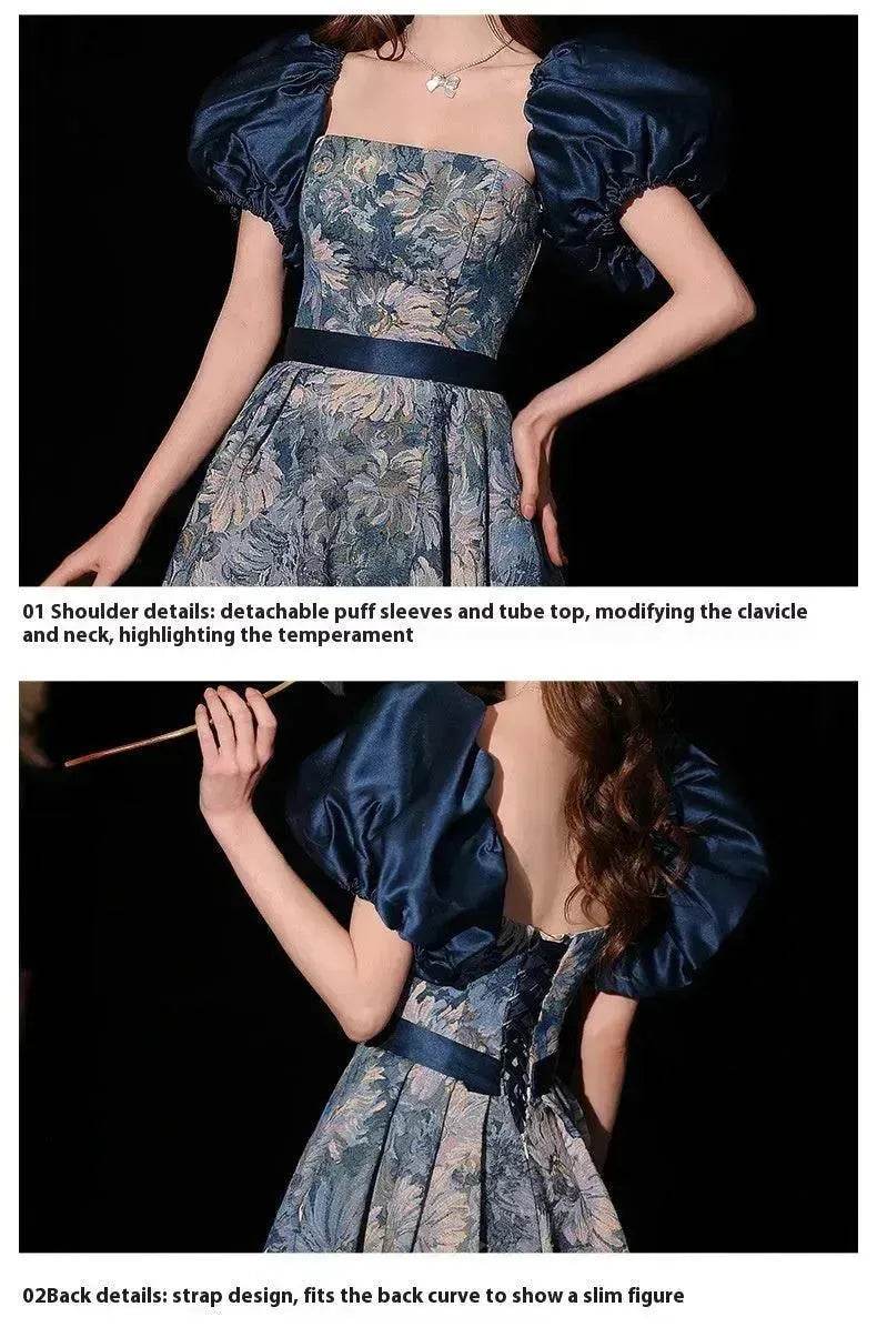 Luxurious Princess Court Oil Painting Style Tube Top Blue Evening Dress Bowl Gown - EX-STOCK Canada