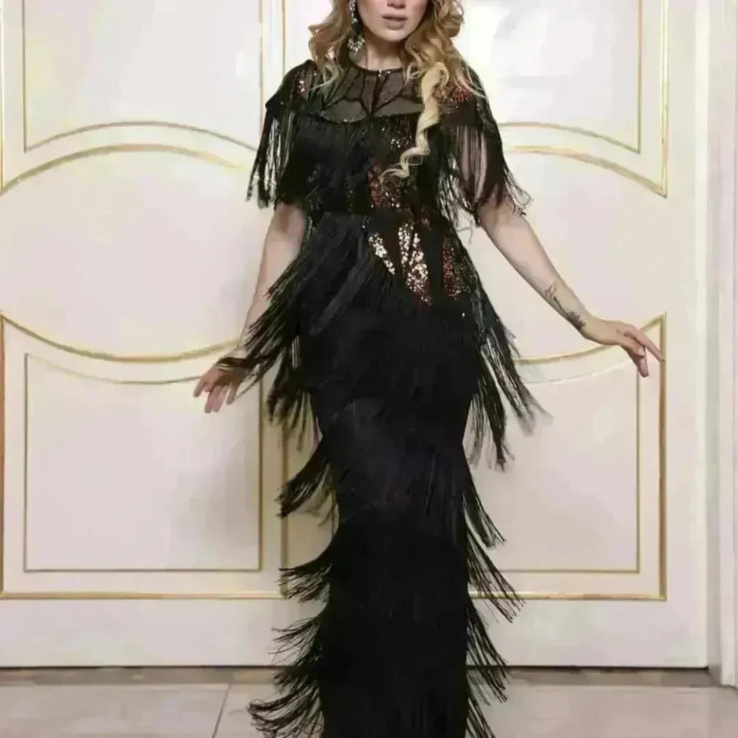 Luxurious Women's Sequined Stretch Fabric Multi-layer Dynamic Tassle Fashion Long Dress for Evening Party Cocktail Wedding Party. - EX-STOCK CANADA