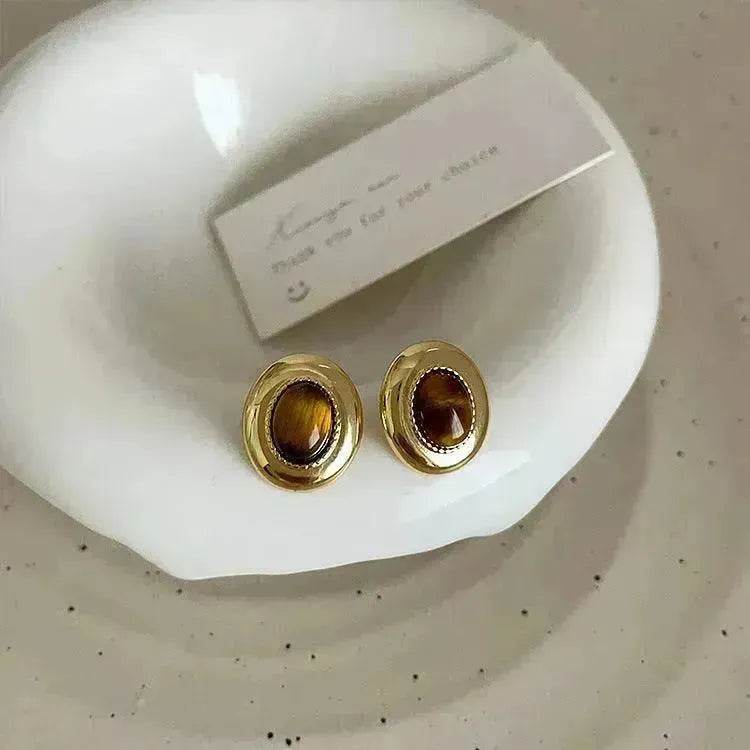 Luxury French Retro Tiger eye Metal Stud Earrings For Women Weeding Earrings - EX-STOCK Canada