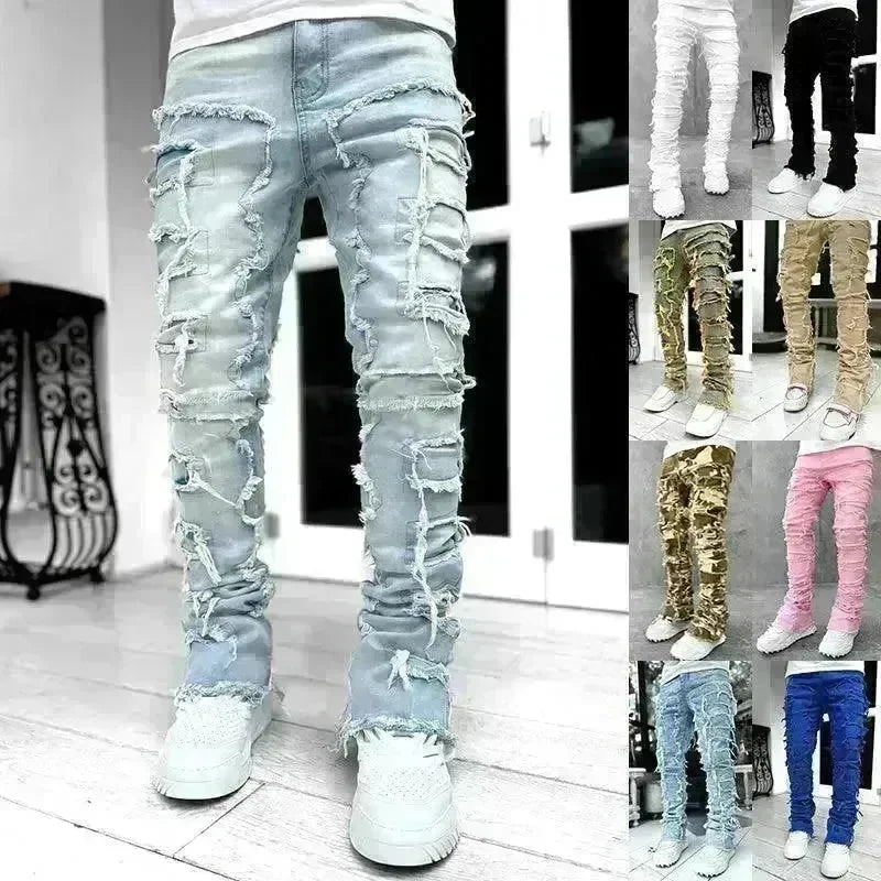 Men Trousers Individual Patched Pants Long Tight Fit Stacked Jeans For Mens Clothing - EX-STOCK CANADA