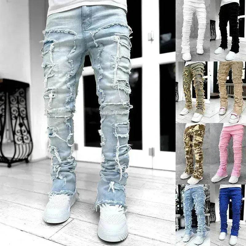 Men Trousers Patched Pants Long Tight Fit Stacked Denim Jeans street fashion - EX-STOCK Canada