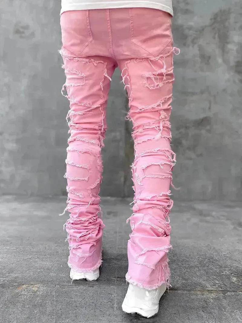 Men Trousers Patched Pants Long Tight Fit Stacked Denim Jeans street fashion - EX-STOCK Canada