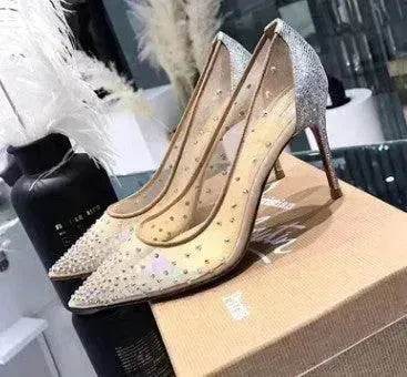 Mesh Rhinestone Transparent Women's Single Shoes Pointed High Heels Women - EX-STOCK Canada