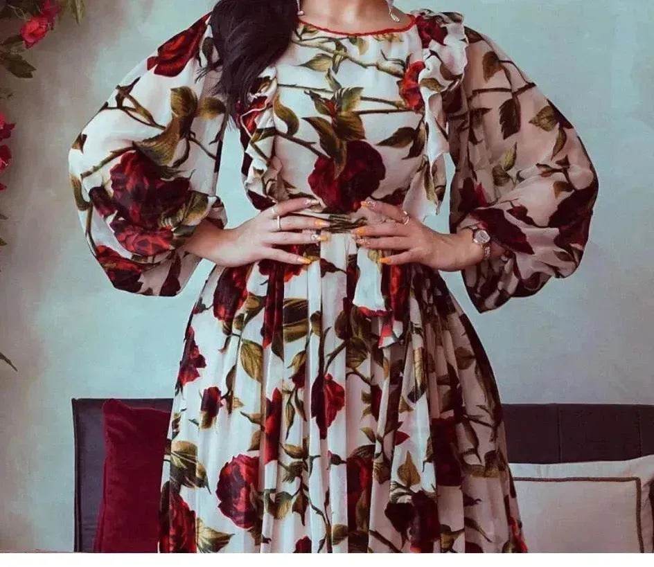 Middle Eastern Turkey Ruffled Rose Printed Bohemian Dress - EX-STOCK Canada