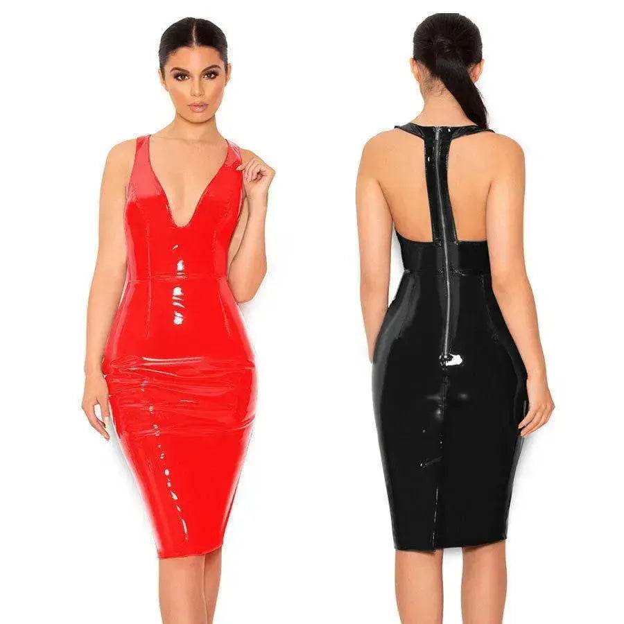 Mirror PU Leather Sleeveless V-neck Tight Dress - EX-STOCK Canada