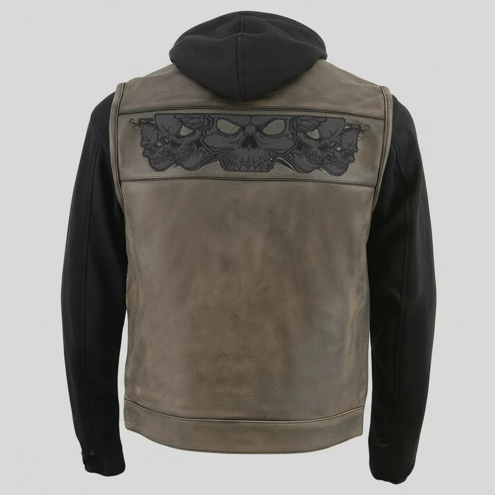 Gilet en cuir Milwaukee Leather pour hommes avec capuche et crâne | Gilet moto 2 en 1