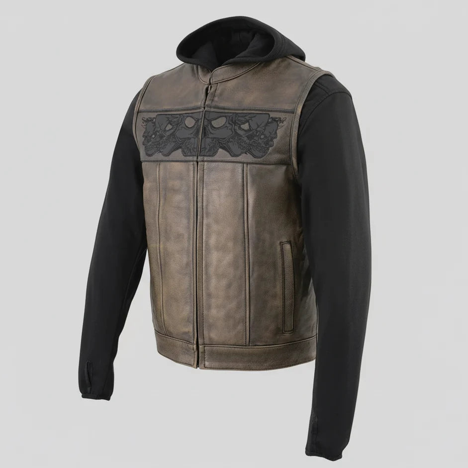 Gilet en cuir Milwaukee Leather pour hommes avec capuche et crâne | Gilet moto 2 en 1