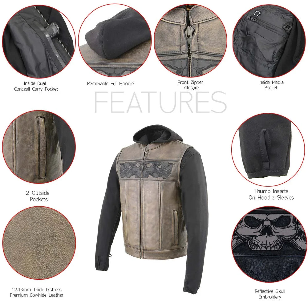 Gilet en cuir Milwaukee Leather pour hommes avec capuche et crâne | Gilet moto 2 en 1