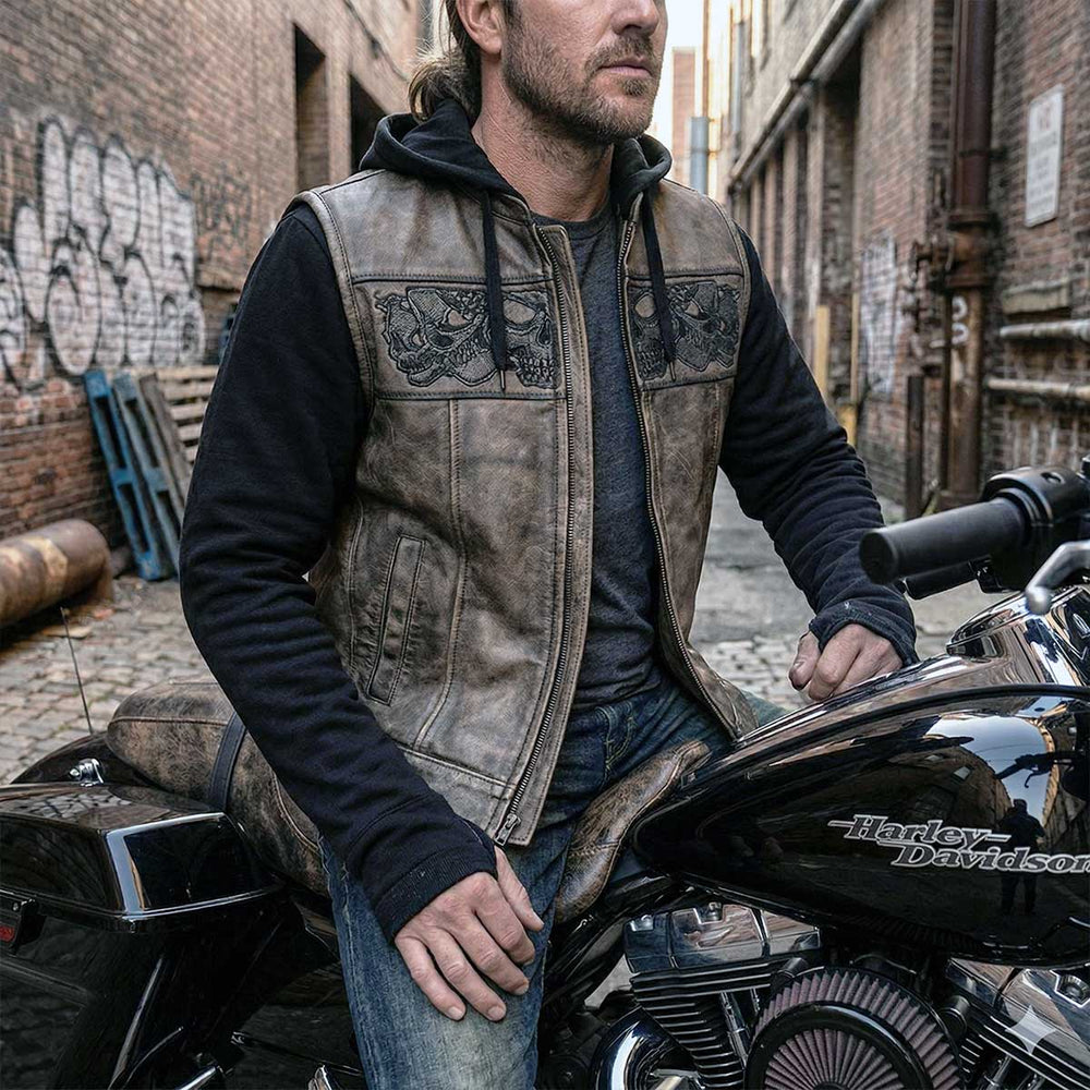 Gilet en cuir Milwaukee Leather pour hommes avec capuche et crâne | Gilet moto 2 en 1