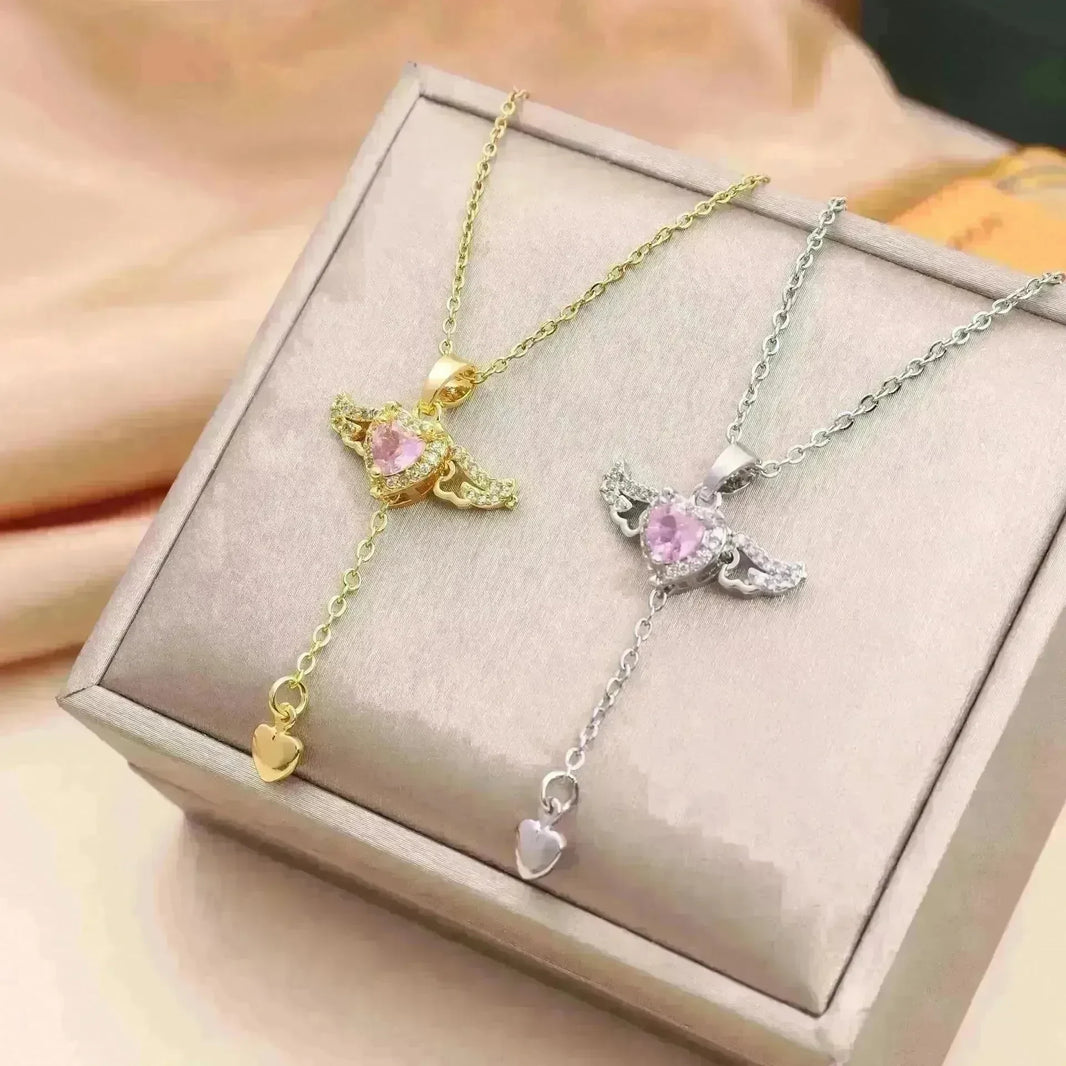 Moving Cupid Heart Angel Wings Tassel Necklace With Crystal Clavicle Chain Women Jewelry Gift Valentine's Day - EX-STOCK CANADA