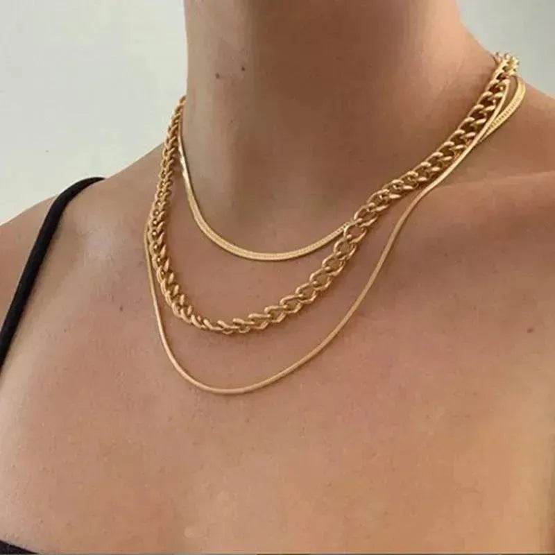 Multi-Layer Thick Chain Stacking Necklace Personality Three-Layer Clavicle Chain Gold Necklace for Women - EX-STOCK Canada