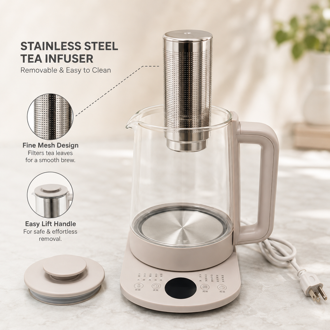 Stainless steel tea infuser feature for multifunctional glass automatic tea maker