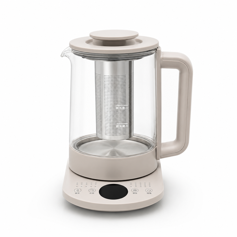 Multifunctional glass automatic tea maker with stainless steel tea infuser, front studio view