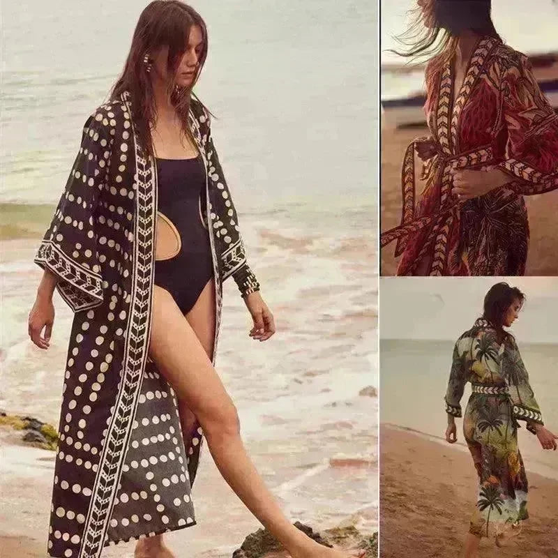 New Sunscreen Printed Long Sleeve Cardigan Bohemian Beach Dress - EX-STOCK CANADA