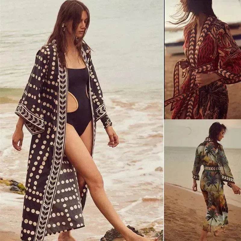 New Sunscreen Printed Long Sleeve Cardigan Bohemian Beach Dress - EX-STOCK Canada