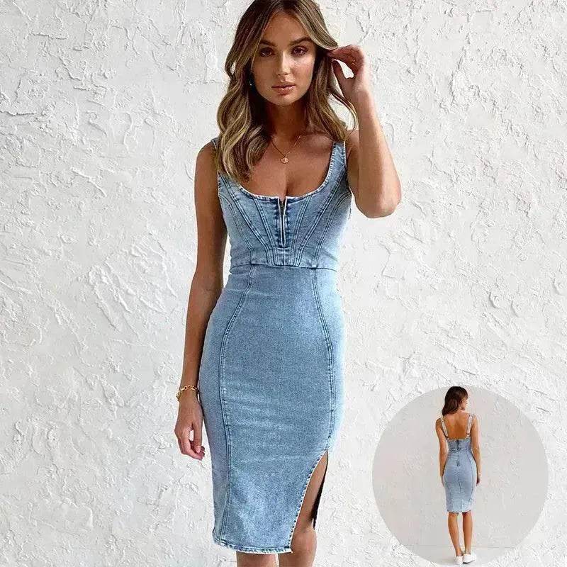 New U-neck Suspender Denim Dress Summer Casual Tight Slim Fit Dresses With Slit Design Womens Clothing - EX-STOCK Canada