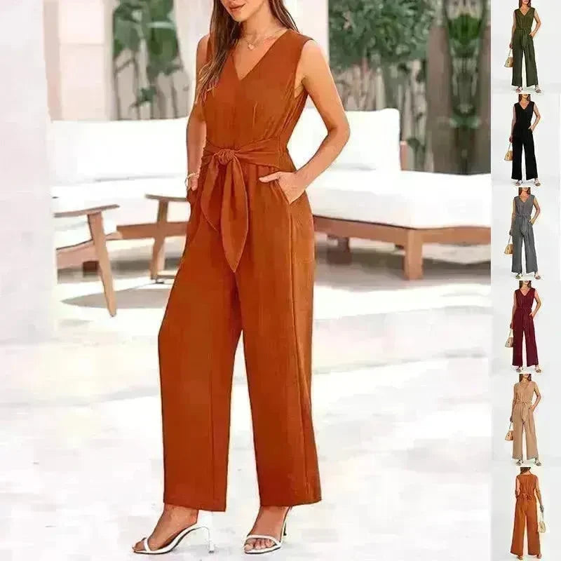 New V-neck Sleeveless Long Jumpsuit With Pockets And Lace-up Design Wide-leg Straight Trousers Summer Womens Clothing - EX-STOCK CANADA