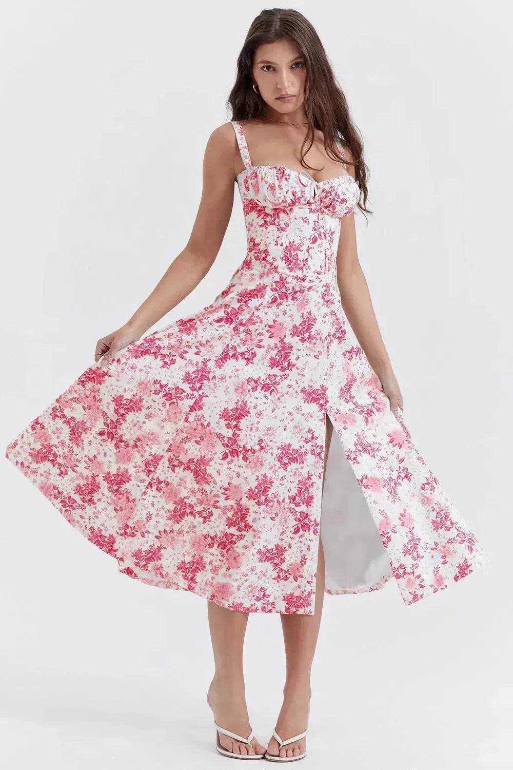 New Spring Summer Floral Midi Dress Spaghetti Strap Slit Midi Flared Gown - EX-STOCK Canada